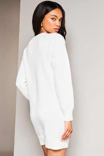 Lipsy Ivory White Cosy Pointelle Crew Neck Knitted Jumper Dress
