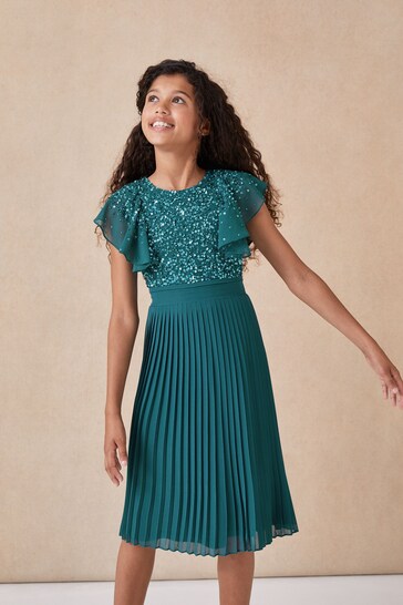 Lipsy Teal Ruffle Sequin Pleated Dress