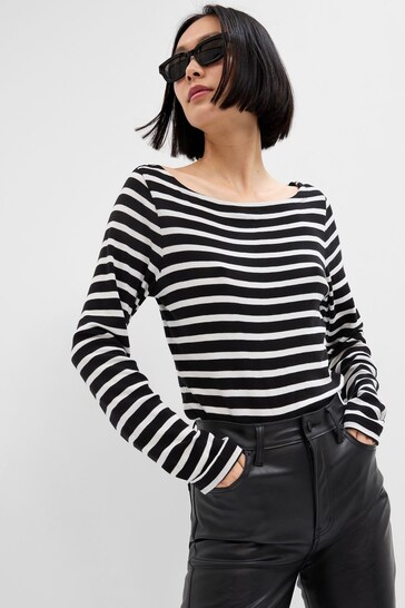 Gap Black/White Stripe Boat Neck Long Sleeve T-Shirt