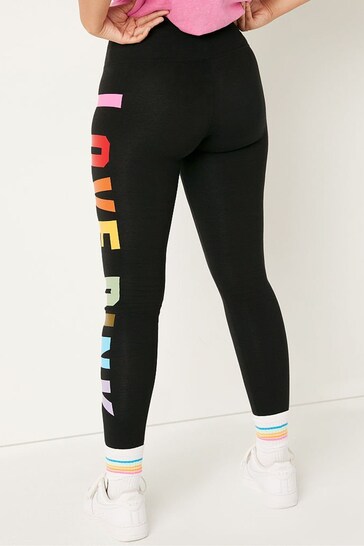 Victoria's Secret Pink High Waist Cotton Legging Black With Rainbow Love  PINK