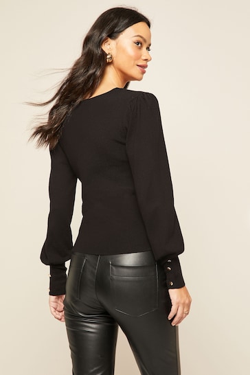Friends Like These Black Button Cuff V Neck Long Puff Sleeve Jumper