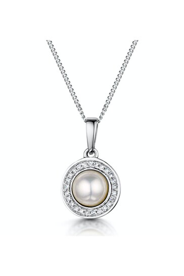 The Diamond Store White Pearl and Diamond Halo Stellato Pendant Necklace in 9K White Gold