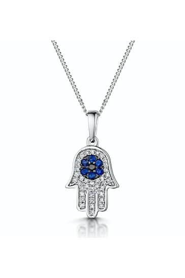 The Diamond Store Blue Sapphire Black Diamond Hamsa Evil Eye Pendant Necklace 9K White Gold