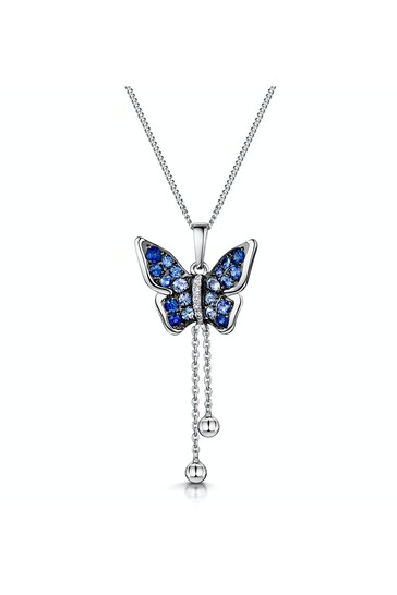 The Diamond Store Blue Stellato Sapphire Diamond Butterfly Pendant Necklace 9K White Gold