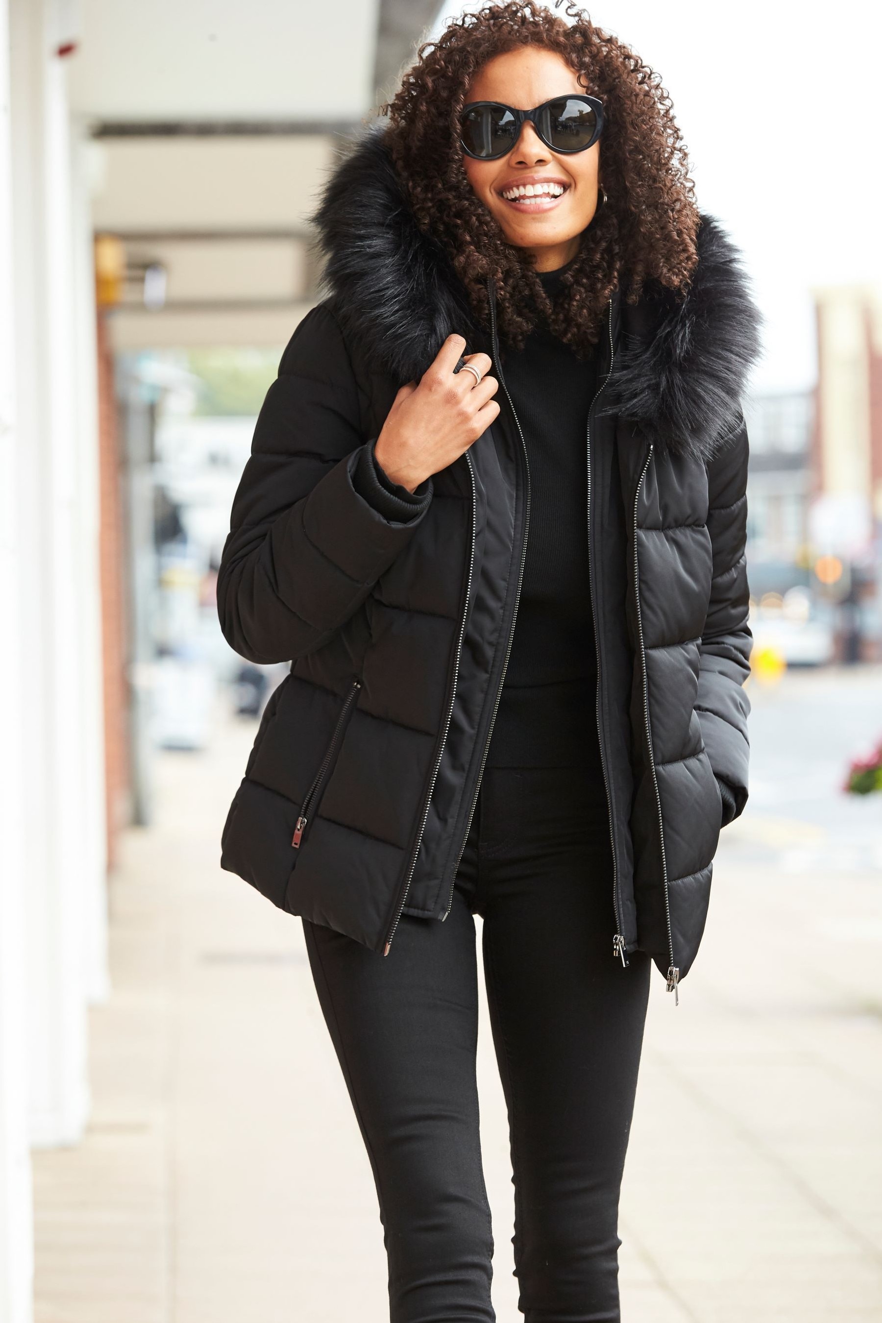 Womens black coat with black fur hood sales