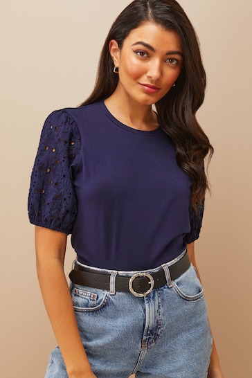 Friends Like These Navy Blue Broderie Puff Sleeve Round Neck Top