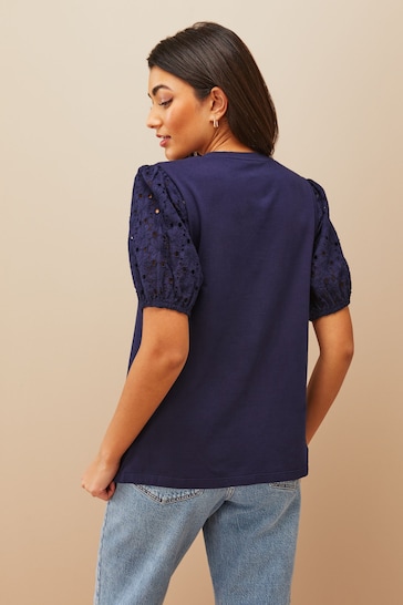 Friends Like These Navy Blue Broderie Puff Sleeve Round Neck Top
