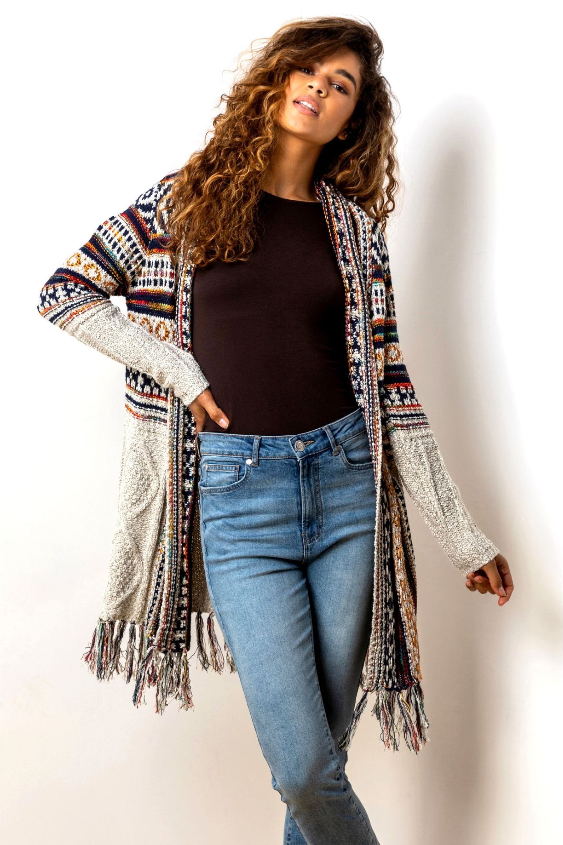 Buy Roman Cream Print Fringed Hem Cardigan from the Next UK online