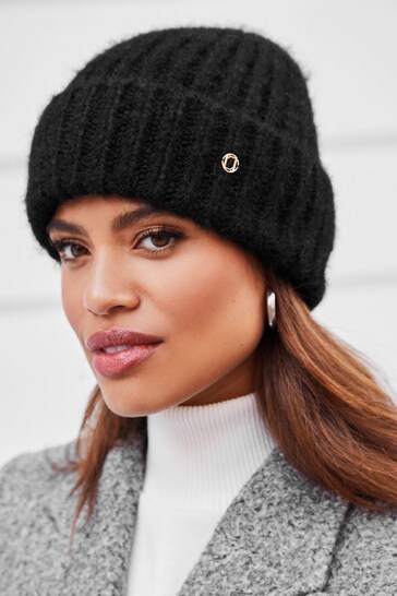 Lipsy Black Chunky Knitted Ribbed Beanie Bowser Hat