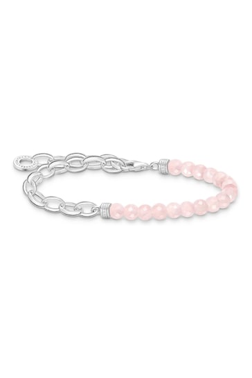 Thomas Sabo Pink Charm Bracelet With Beads Of Rose Quartz and Chain Links Silver