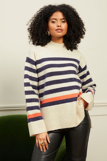 Love & Roses Oatmeal and Navy Blue Stripe Funnel Neck Jumper