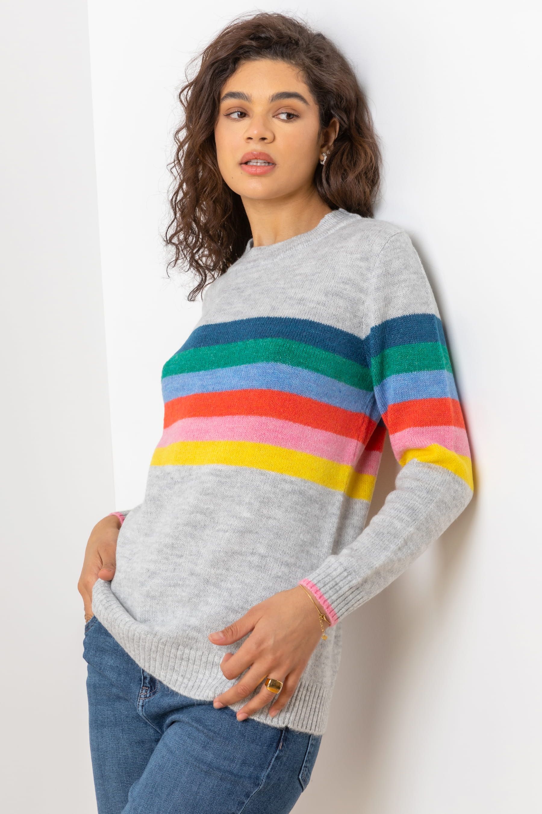Roman Grey Rainbow Stripe Print Jumper