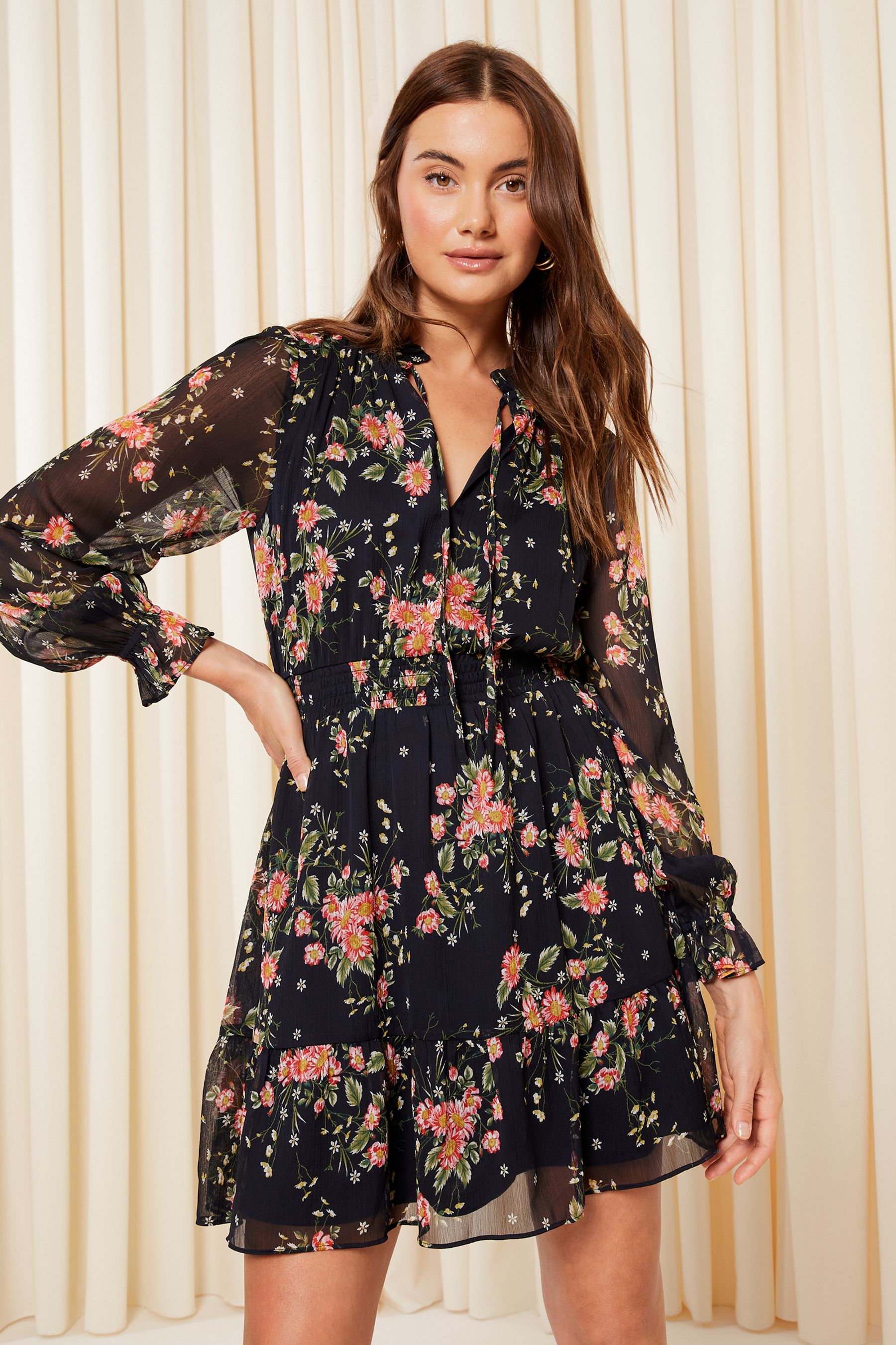 Navy floral chiffon dress clearance