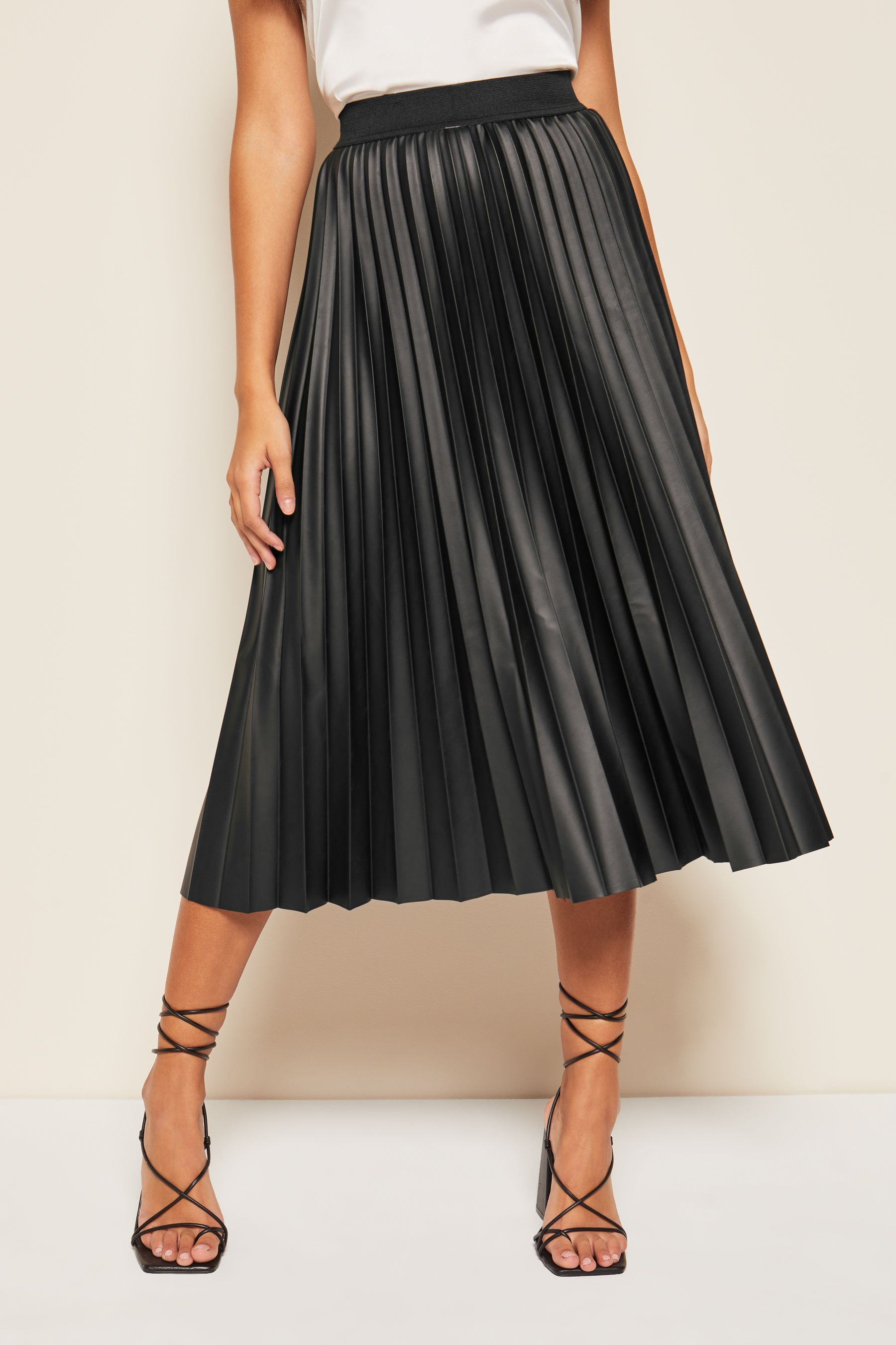 Friends Like These Black Faux Leather Pleated Summer Midi Skirt