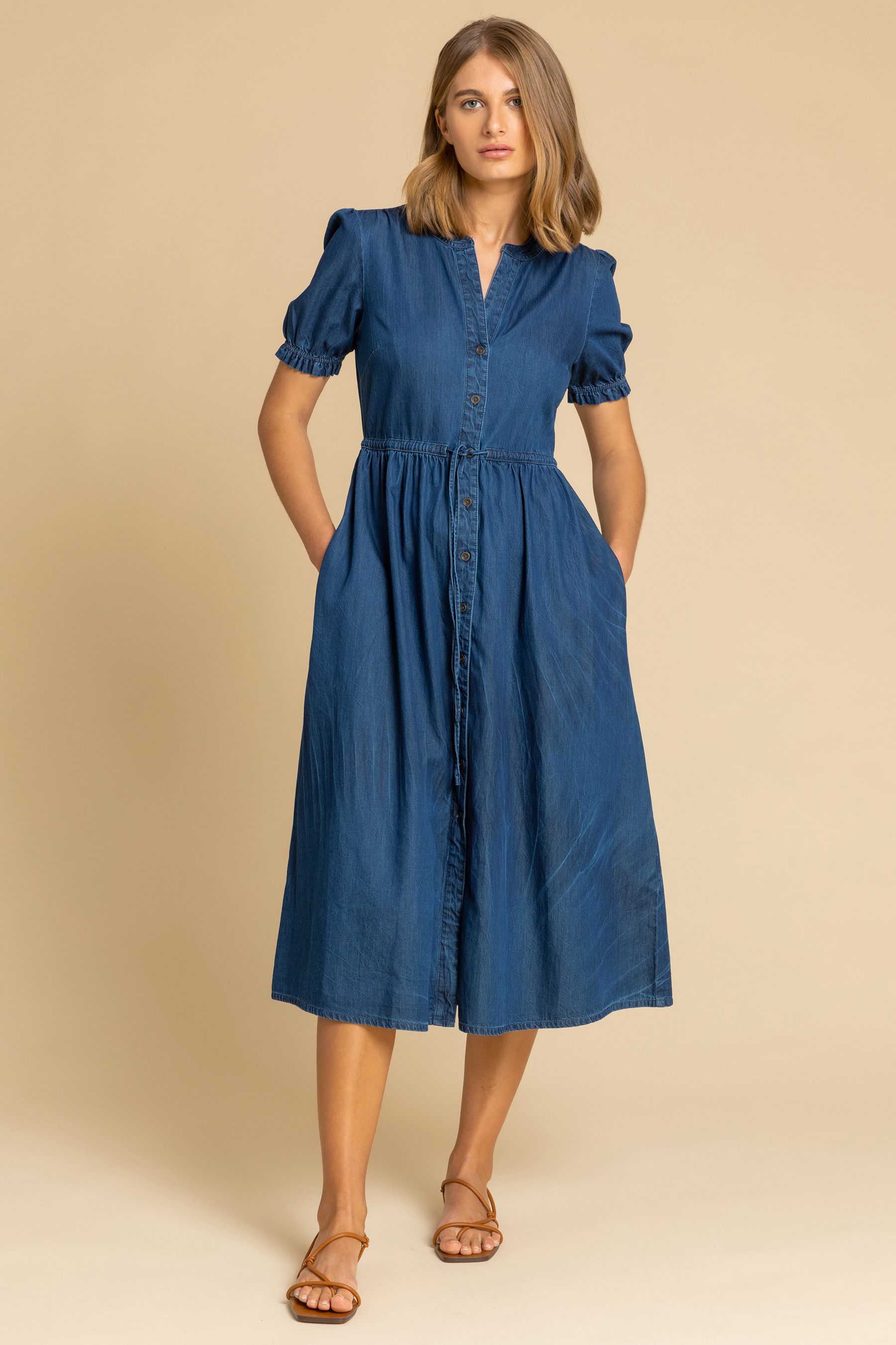 Buy Roman Blue Puff Sleeve Denim Belted Midi Dress from the Next