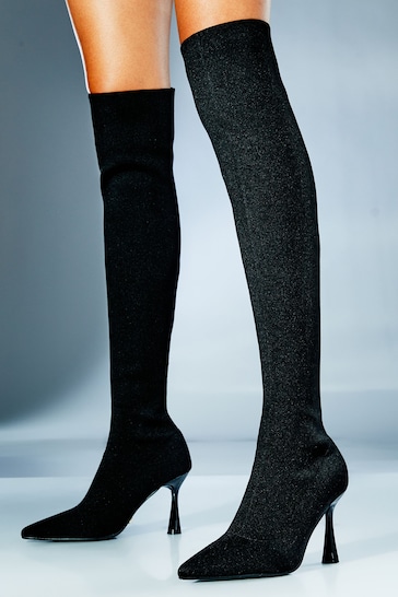 Lipsy Black Wide Fit Mid Heel Over The Knee Knitted Sock Boot