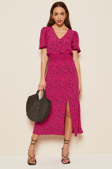 Friends Like These Pink Short Sleeve Ruched Waist Midi Dress