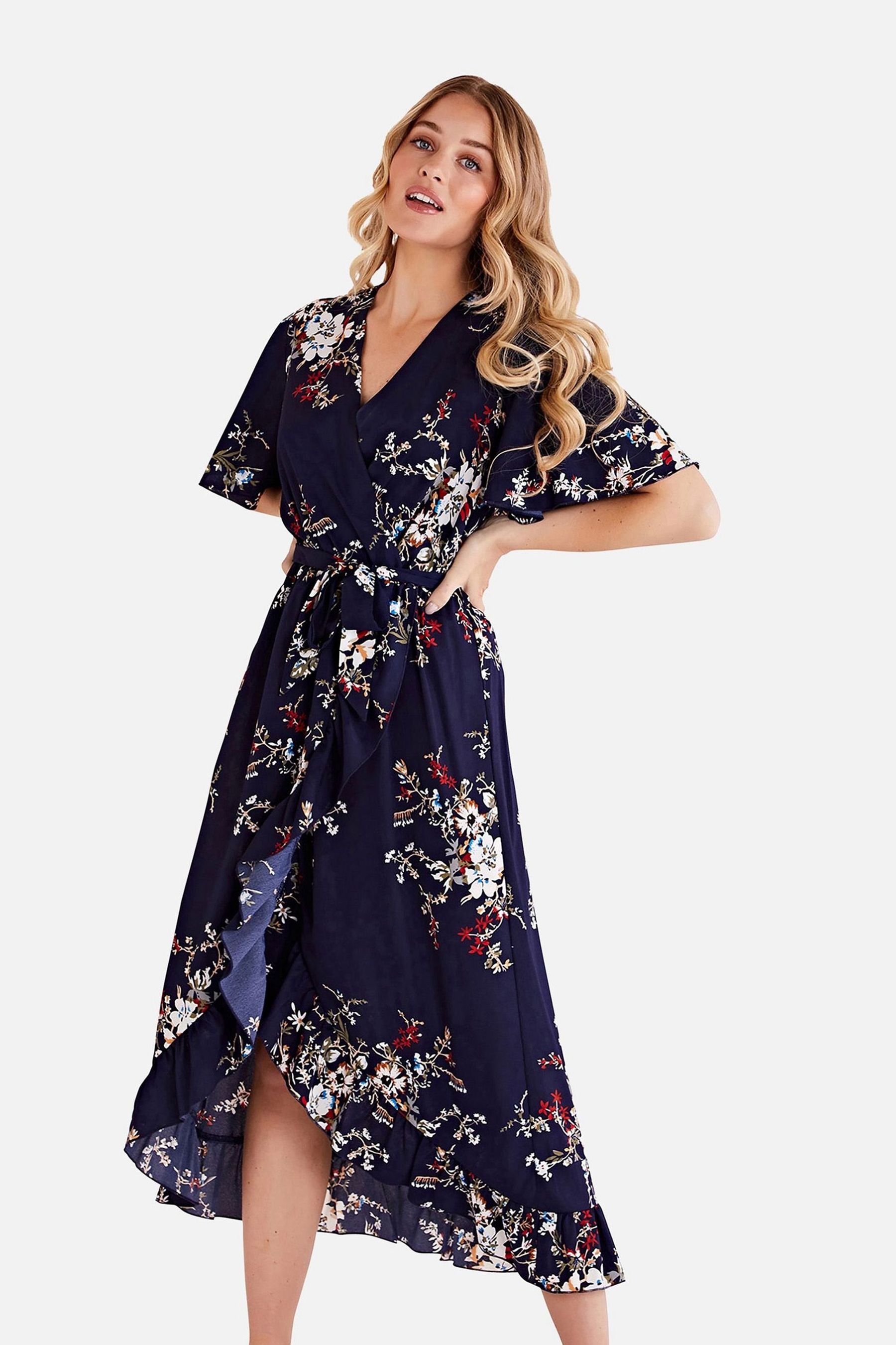 Buy Mela Navy Floral Wrap Front Detail Midi Dress from the Next UK
