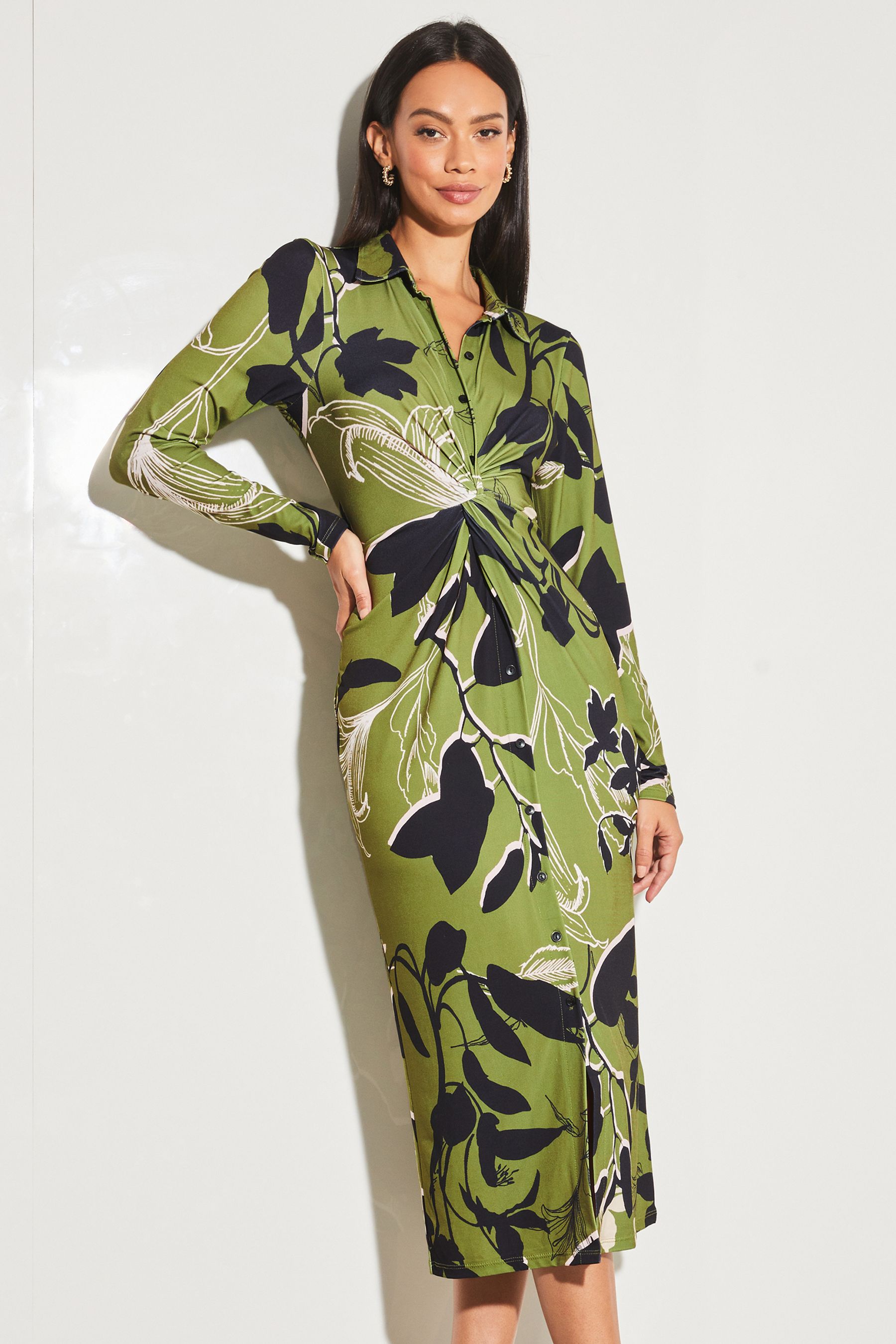 Buy Lipsy Green Floral Jersey Long Sleeve Knot Front Shirt Dress