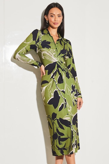 Lipsy Green Floral Jersey Long Sleeve Knot Front Shirt Dress