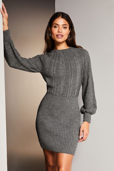 Lipsy Grey Blouson Sleeve Cable Knitted Crew Neck Jumper Dress