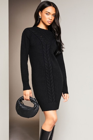 Lipsy Black Cosy Pointelle Crew Neck Knitted Jumper Dress