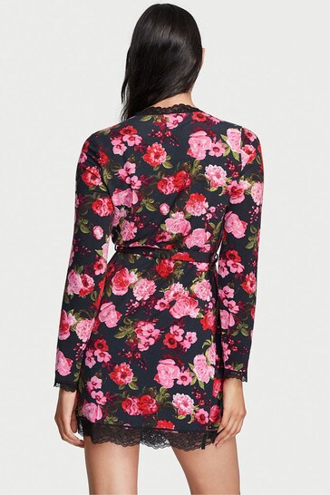 Victoria's Secret Pretty Rosey Floral Black Modal Lace Trim Robe