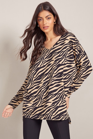 Friends Like These Camel Zebra Animal Soft Jersey V Neck Long Sleeve Tunic Top