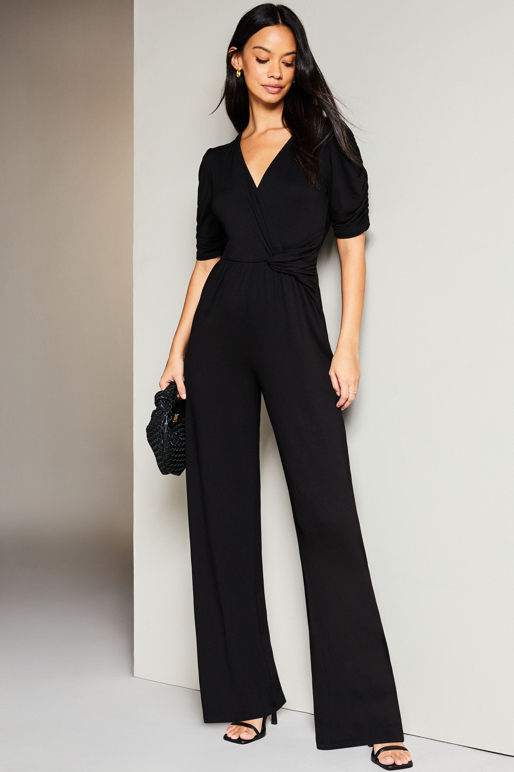 Buy Lipsy Black Short Sleeve Twist Front Jersey Wide Leg Jumpsuit
