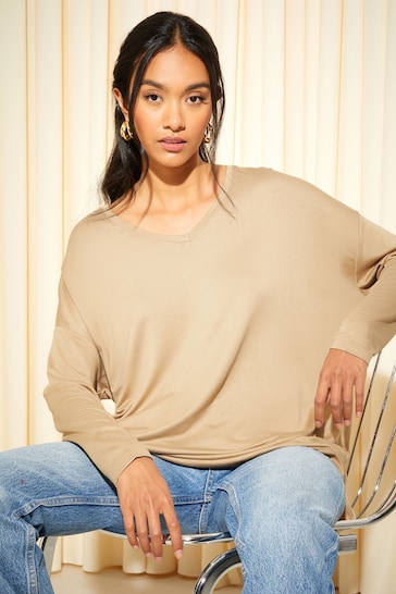 Friends Like These Camel Soft Jersey V Neck Long Sleeve Tunic Top