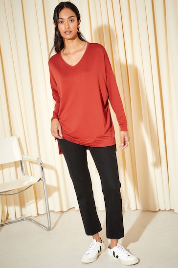 Friends Like These Burnt Red Soft Jersey V Neck Long Sleeve Tunic Top