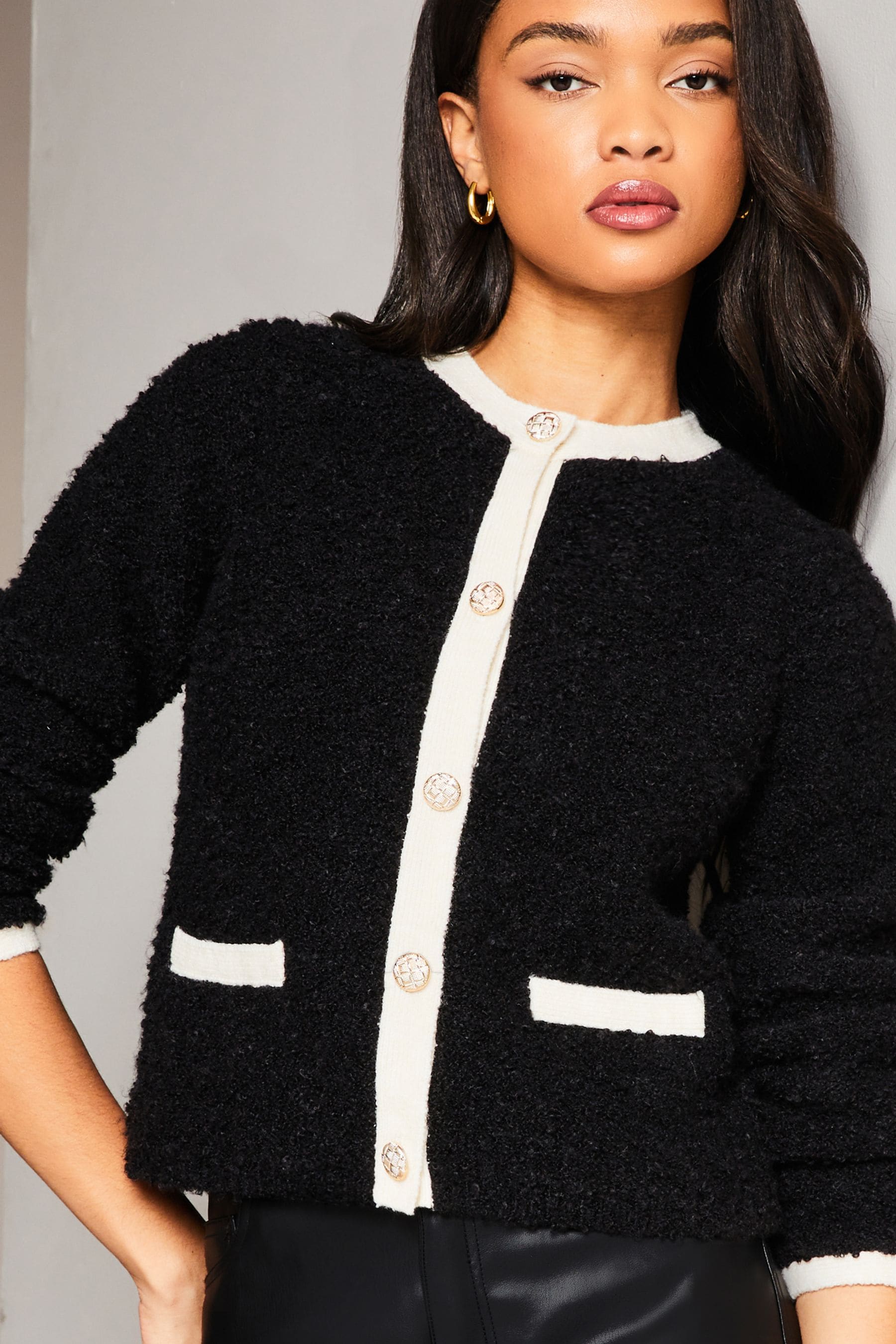 Lipsy Black Crew Neck Button Through Boucle Cardigan