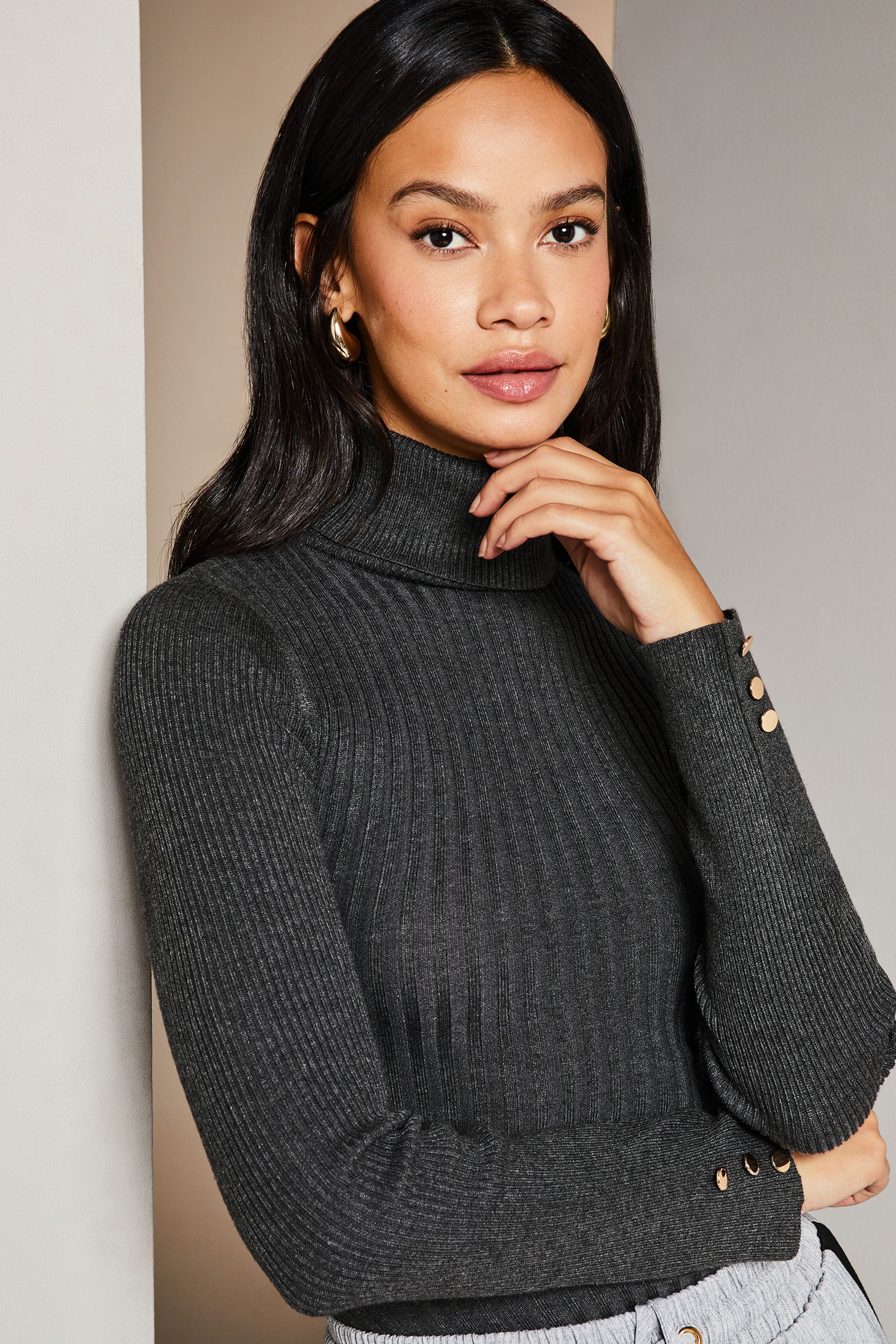 Grey ribbed sale roll neck