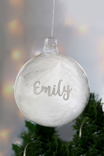 Personalised Silver Glitter Name Only Feather Glass Bauble by PMC