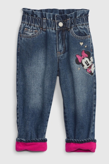 Gap Dark Wash Blue and Pink Disney Fleece-Lined Just Like Mom Slama Jeans