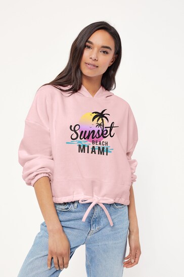 Lipsy Light Pink Sunset Beach Miami Women's Cropped Oversize Hoodie