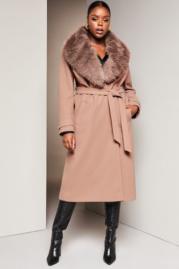 Lipsy Camel Curve Faux Fur Collar Belted Wrap Coat
