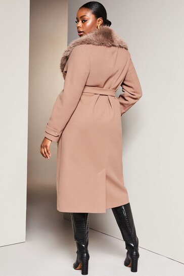 Lipsy Camel Curve Faux Fur Collar Belted Wrap Coat