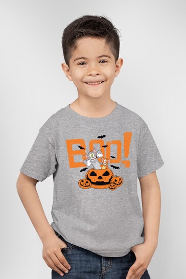 All + Every Heather Grey Tom and Jerry Halloween Boo Pumpkin Surprise Kids T-Shirt