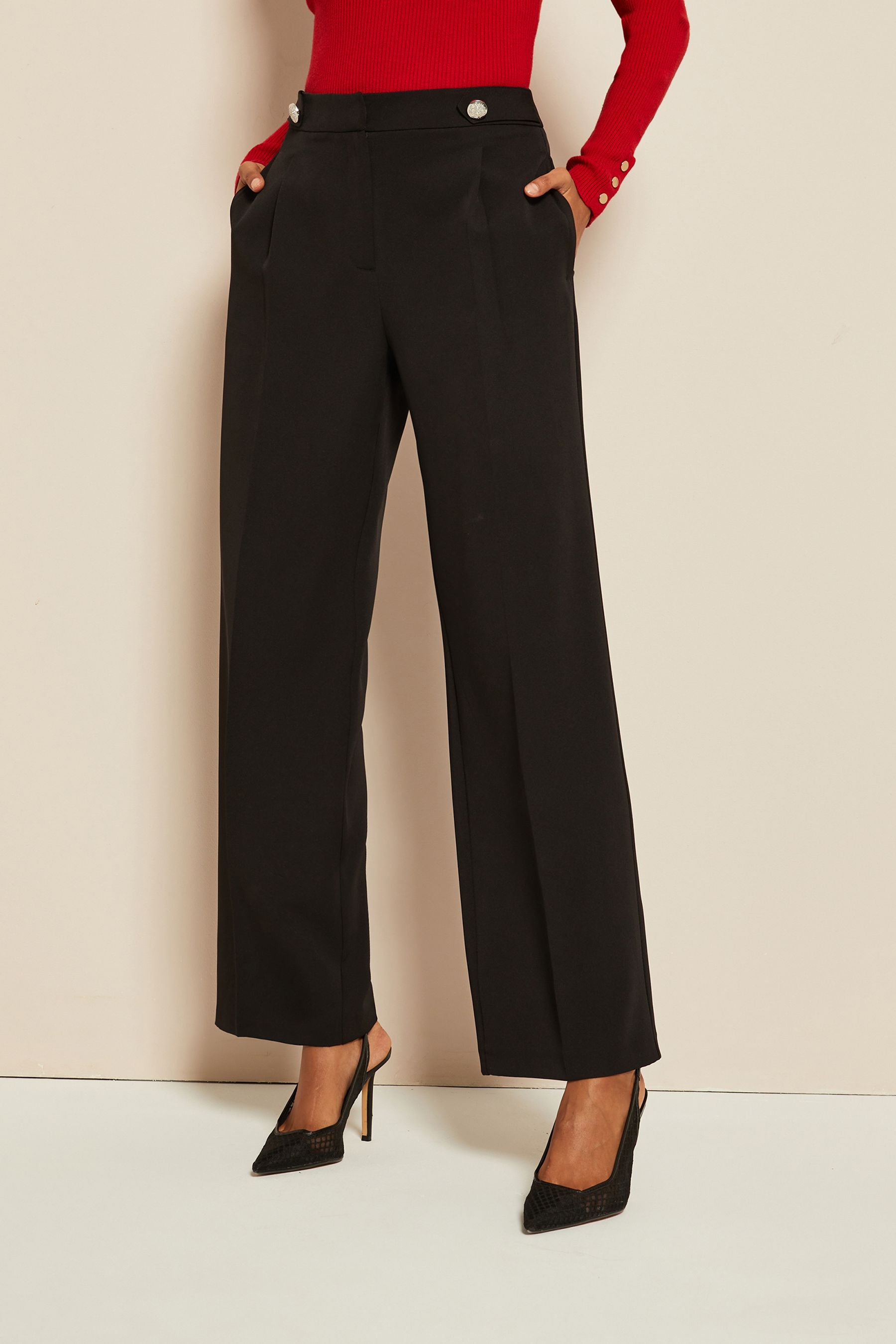 Black high waisted wide leg trousers petite top
