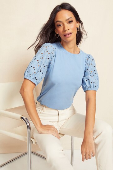 Friends Like These Blue Broderie Puff Sleeve Round Neck Top