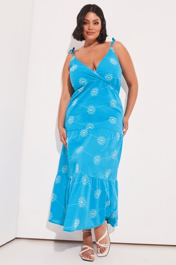 Lipsy Cyan Blue Curve Empire Wrap Broderie Cami Maxi Dress