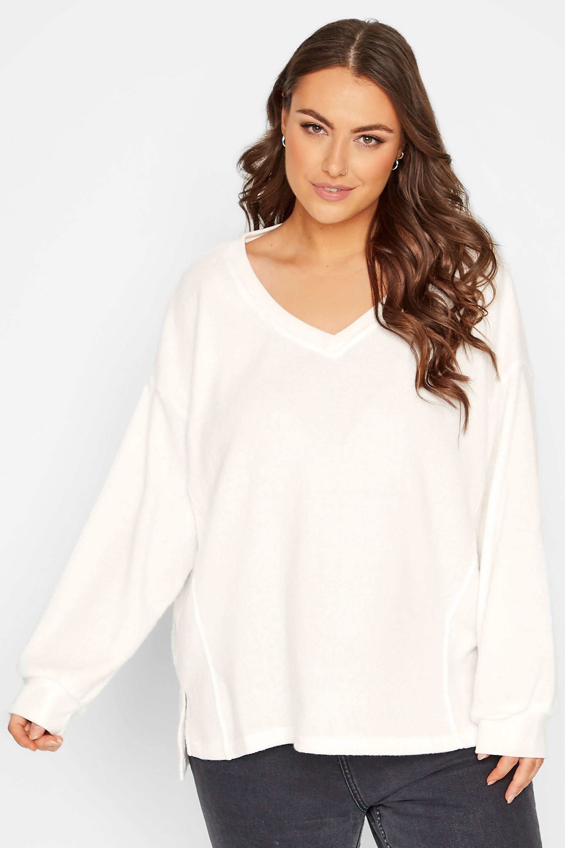 Yours Curve Cream Stretch Drop Shoulder Fleece V Neck Sweatshirt