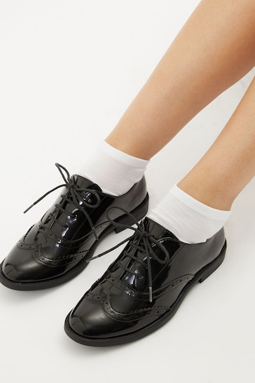 Lipsy Girl Black Lace Up Flat Patent Brogue School Shoe
