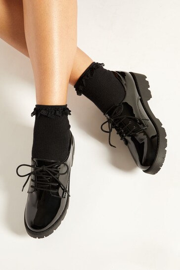 Lipsy Black Patent Clean Lace Up Chunky Brogue School Shoe