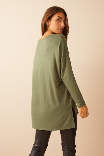 Friends Like These Khaki Green Petite Soft Jersey V Neck Long Sleeve Tunic Top