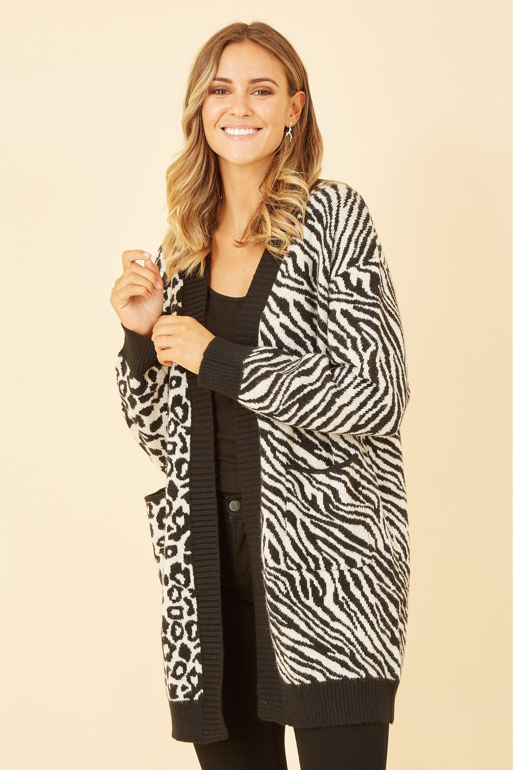 Yumi Black White Zebra and Leopard Print Knitted Intarsia Cardigan