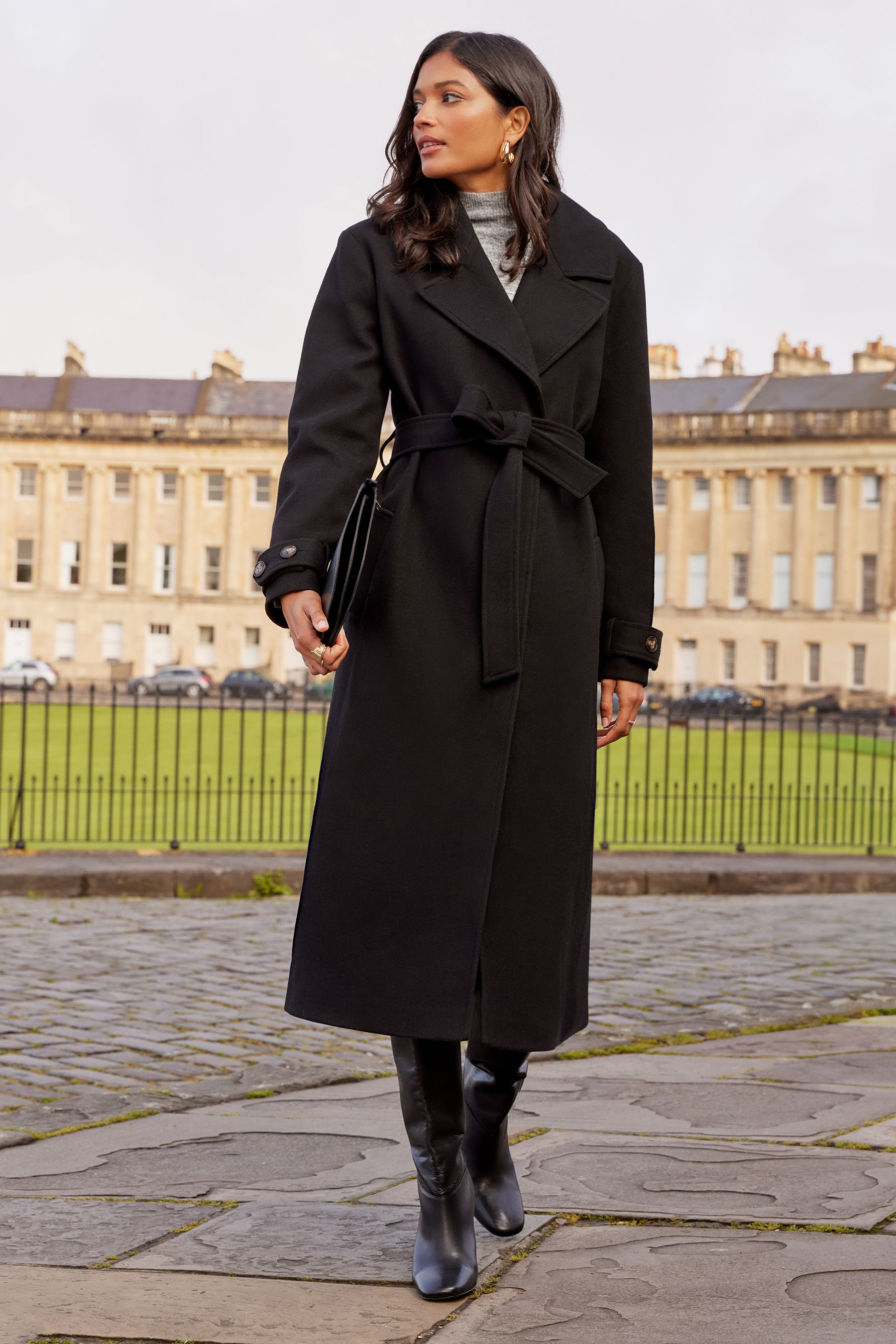 Belted wrap top coat black