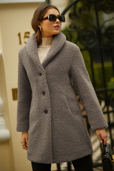 Friends Like These Grey Longline Button Through Teddy Coat
