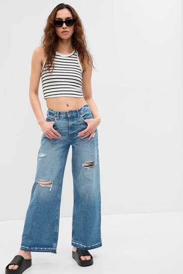 Gap Light Wash Blue Low Rise Wide Leg Ripped Loose Jeans